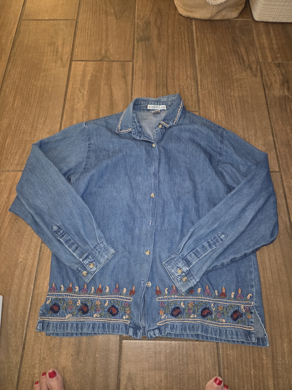 Women's Blue Embroidered Denim Blouse - Maggie & Max
